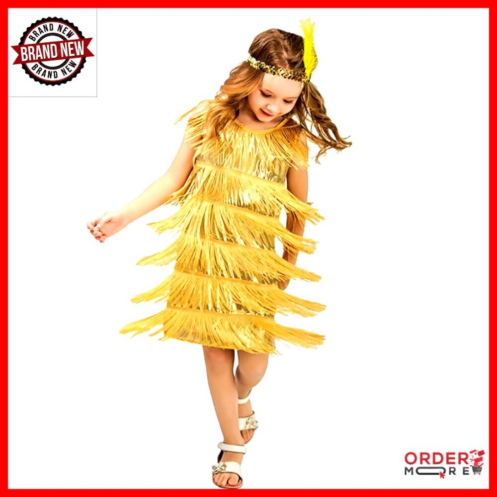 Girls Sequin Tassel Fringe Flapper Dress Latin Dance Costume with Feather - Picture 1 of 3